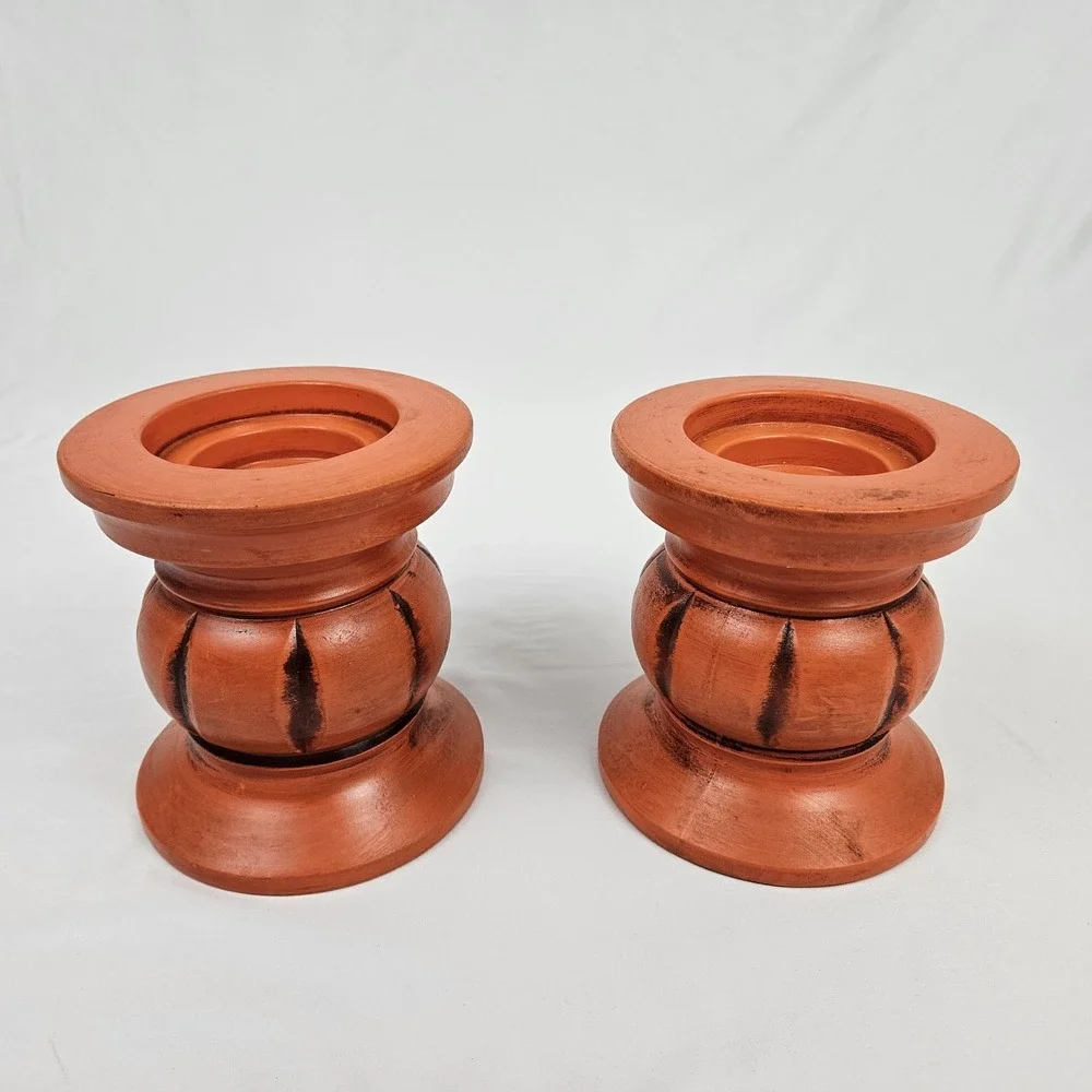 Vintage Boho Pillar Candle Holders Retro Orange Pottery 1960's Japan MCM